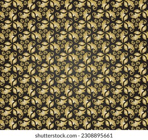 Floral vector ornament for wallpaper and packaging. Seamless abstract classic black and golden background with flowers. Pattern with repeating floral elements.