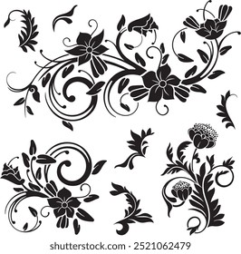 Floral vector ornaments luxury set with various types of flowers, leaves and swirls, made in traditional Japanese and Chinese styles. Exquisite wedding decoration designs, vinyl and laser ready.