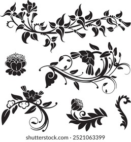 Floral vector ornaments luxury set with various types of flowers, leaves and swirls, made in traditional Japanese and Chinese styles. Exquisite wedding decoration designs, vinyl and laser ready.