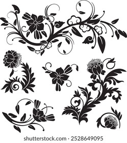 Floral vector ornaments luxury set, created by author, not AI generated. Various flowers, leaves and swirls, made in traditional Japanese and Chinese styles. Exquisite wedding decoration designs.