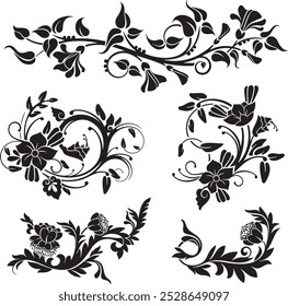 Floral vector ornaments luxury set, created by author, not AI generated. Various flowers, leaves and swirls, made in traditional Japanese and Chinese styles. Exquisite wedding decoration designs.