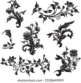 Floral vector ornaments luxury set, created by author, not AI generated. Various flowers, leaves and swirls, made in traditional Japanese and Chinese styles. Exquisite wedding decoration designs.