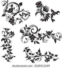 Floral vector ornaments luxury set, created by author, not AI generated. Various flowers, leaves and swirls, made in traditional Japanese and Chinese styles. Exquisite wedding decoration designs.