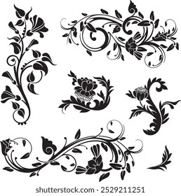 Floral vector ornaments luxury set, created by author, not AI generated. Various flowers, leaves and swirls, made in traditional Japanese and Chinese styles. Exquisite wedding decoration designs.