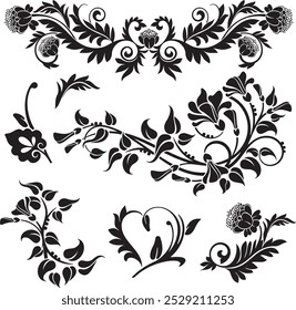 Floral vector ornaments luxury set, created by author, not AI generated. Various flowers, leaves and swirls, made in traditional Japanese and Chinese styles. Exquisite wedding decoration designs.