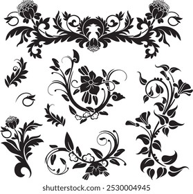 Floral vector ornaments luxury set, created by author, not AI generated. Various flowers, leaves and swirls, made in traditional Japanese and Chinese styles. Exquisite wedding decoration designs.