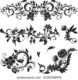 Floral vector ornaments luxury set, created by author, not AI generated. Various flowers, leaves and swirls, made in traditional Japanese and Chinese styles. Exquisite wedding decoration designs.