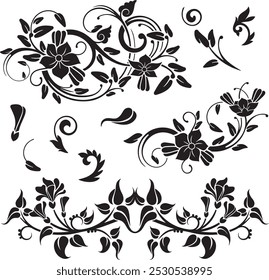 Floral vector ornaments luxury set, created by author, not AI generated. Various flowers, leaves and swirls, made in traditional Japanese and Chinese styles. Exquisite wedding decoration designs.