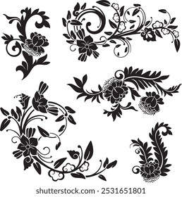 Floral vector ornaments luxury set, created by author, not AI generated. Various flowers, leaves and swirls, made in traditional Japanese and Chinese styles. Exquisite wedding decoration designs.