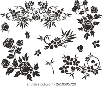 Floral vector ornaments luxury set, created by author, not AI generated. Various flowers, leaves and swirls, made in traditional Japanese and Chinese styles. Exquisite wedding decoration designs.