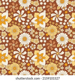 Floral vector pattern in 80s, 70s style. Seamless retro pattern with flowers, flower child, hippie, boho. Vector vintage background for fabrics, textiles, paper.