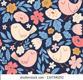 Floral vector pattern with birds. Retro vintage seamless background with spring flowers, birds and leaves. Cartoon style, hand drawn childish print design.