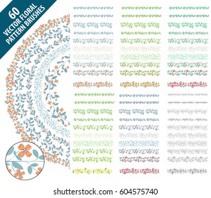 Floral vector pattern brushes with watercolor colorful flowers set
