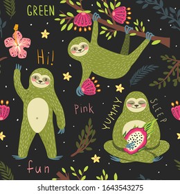 Floral vector pattern with cartoon style cute green sloths. Seamless illustration with plants, sloth , flowers. For prints, wrapping paper, gift box, wallpaper, nursery textile pattern, kids clothes.