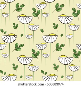 Floral vector pattern with chamomiles and green leaves, seamless print for textile and wrapping paper