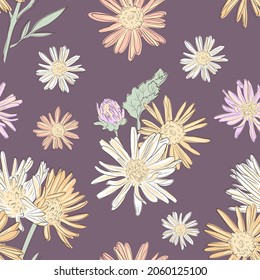 Patrón de vectores florales con crisantemos en colores pasteles. Fondo oscuro. Vintage. Ánimo romántico para imprimir.