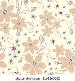 Floral vector pattern, cosmos flowers, pastel colors, earth colors, beige on cream background, seamless