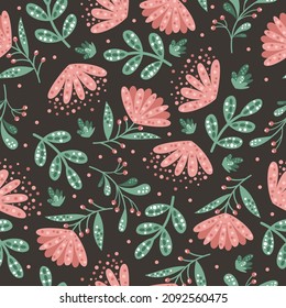 Floral vector pattern. Cute minimalistic flowers, berries and leaves. Flowers on a black background.