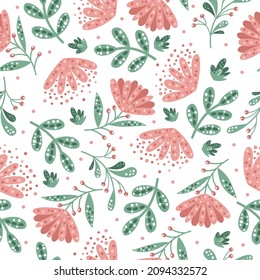 Patrón vector floral. Flores minimalistas, bayas y hojas. Flores sobre un fondo blanco.