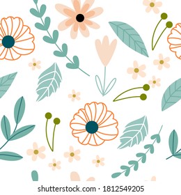 Floral vector pattern with cute modern flowers.