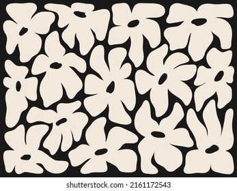 Floral vector pattern with daisy blossoms in frame. Hand drawn monochrome illustration with cute abstract floral motif. botanical pattern on a black background.