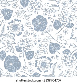 Floral vector pattern with delicate blue flowers on a white background. Stylized flowers of hydrangeas, daisies, poppies in an elegant composition background. Texture for fabric, wrapping paper