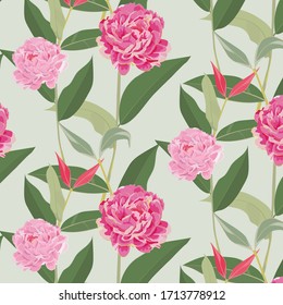 Floral vector pattern, vector Design with flower pink paeonia with rim goldens petal and leaves.  Pattern is clean for fabric, wallpaper, printing. Pattern is on swatches panel