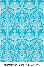 Floral vector pattern with fish. Seamless filigree ornament. Blue template for wallpaper, textile, shawl, carpet. Stylized turquoise background for bed linen.