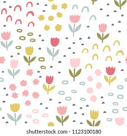 Floral vector pattern. Flowers and abstract doodle shapes seamless background. Spring pastel colors.