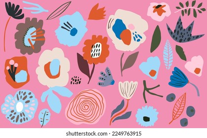 Floral vector pattern with flowers and leaves, pink abstract childish doodle style branches blue