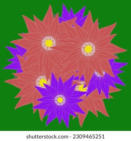 Floral vector pattern in the form of red and blue flowers on a green background