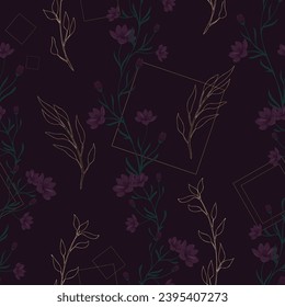 Floral vector pattern with golden sprigs on a dark background