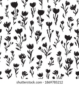 Floral vector pattern with hand painted ink flower illustrations. Wildflower, meadow seamless background. Black and white, monochromatic print for fashion, paper, gifts. 