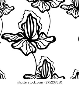 Floral  vector pattern with irises. Black and white flowers. Seamless pattern can be used for printing textile, wallpaper , wrapping paper. Linear art. Hand drown white texture
