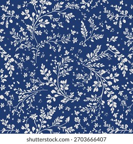 Padrão de vetor floral com folhas azul-marinho sobre fundo bege