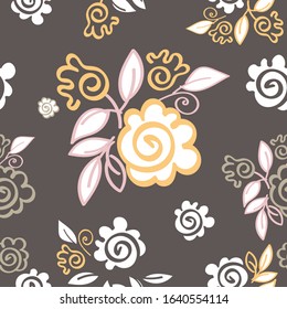 floral vector pattern on brown background. The flowers are Stylized , silhouette and a line of yellow pink and white