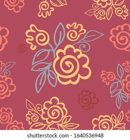 Floral vector pattern on a crimson background. Roses, peonies, rosehip lines.