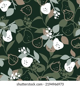 Floral Vector Pattern with Pear Fruit Tree Branch and Leaves can be use for background and apparel design