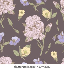 Floral vector pattern with peony, pansy and other flowers on a dark background