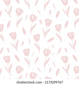 floral vector pattern with pink tulips. Hand drawn pink paint illustration with abstract floral motif. Graphic hand drawn brush stroke botanical pattern. Leaves and blooms.