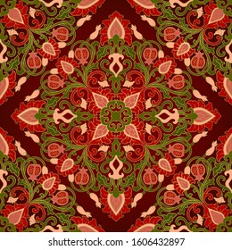 Floral vector pattern with pomegranate. Seamless filigree ornament. Colorful template for wallpaper, textile, shawl, carpet.