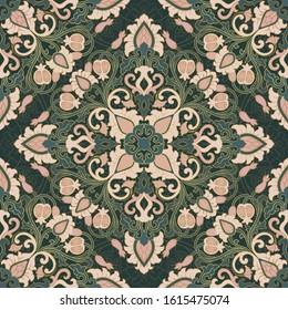 Floral vector pattern with pomegranate. Seamless filigree ornament. Green and pink template for wallpaper, textile, shawl, carpet. 