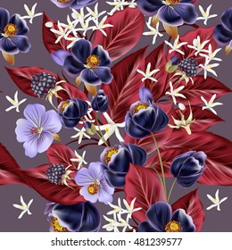 Floral vector  pattern with purple flowers and red leafs