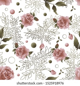 Floral vector pattern with roses, rose buds, petals on white background