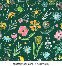 Floral vector pattern. Seamless background with plants and flowers. Botanical seamless pattern