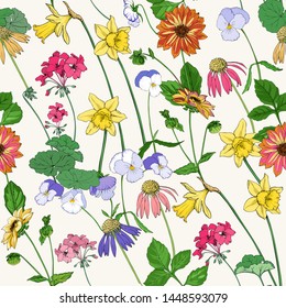 Floral vector pattern seamless for fabric. Full-color realistic pelargonium flowers, dahlias, pansies,daisies, daffodils.