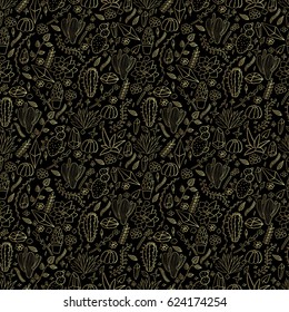 Floral vector pattern with succulent and cactus. Hand drawn plants. Florarium. Golden line art on black background. Nature elements.Print for textile.