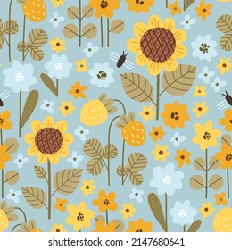 Floral vector pattern with sunflowers, berries and wild flowers in doodle style. Bright, cartoonish floral background for fashionable fabric, textile, wrapping paper, etc.