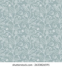 Patrón de Vector floral con guisantes dulces y abejas sobre fondo gris-azul. Ilustración de línea dibujada a mano. Para la tela, materia textil, embalaje