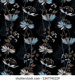 
Floral vector pattern with weaving ornament of astrantia flowers and branches with berries
